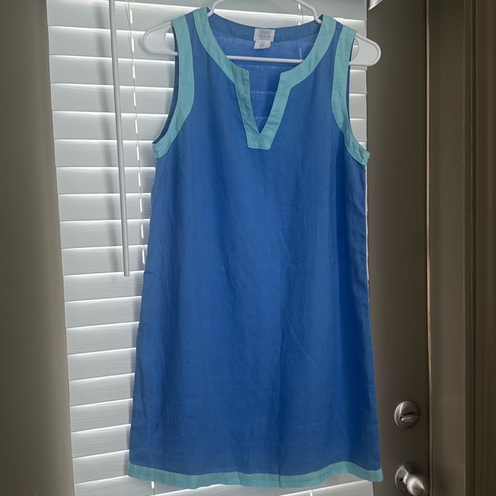 100% linen Blue Sleeveless Dress with Light Blue ~ Sigurd Olsen
